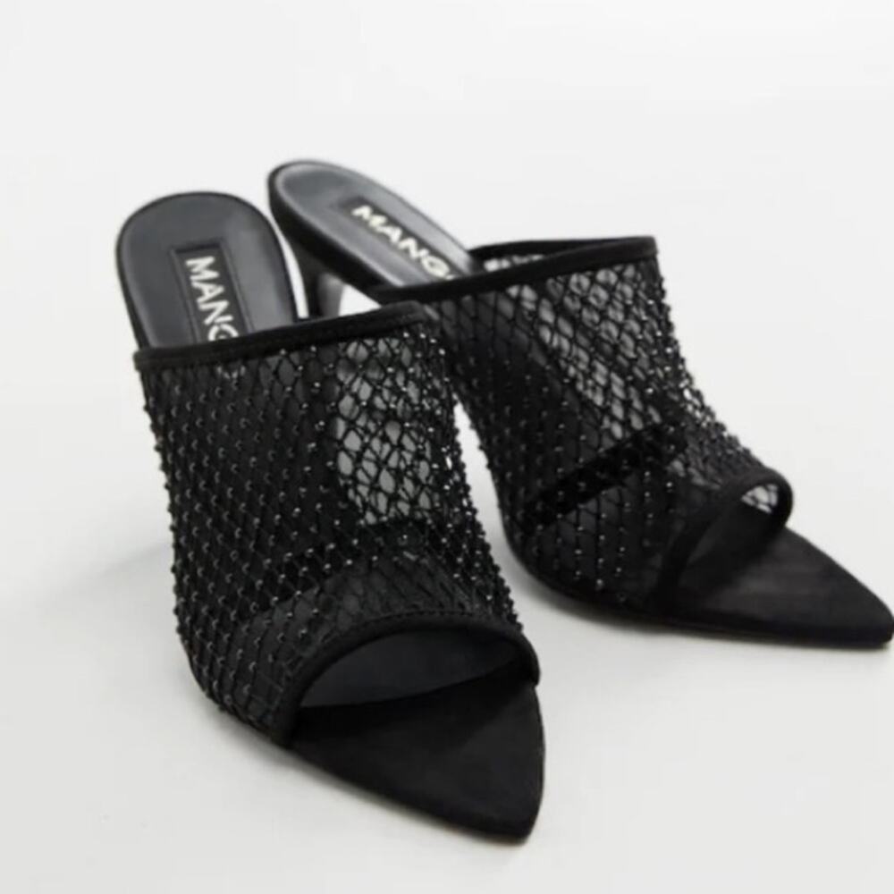 Mango Black Mesh Beaded Slip On Mule Heels Size 37 US size 6.5 - Picture 2 of 10